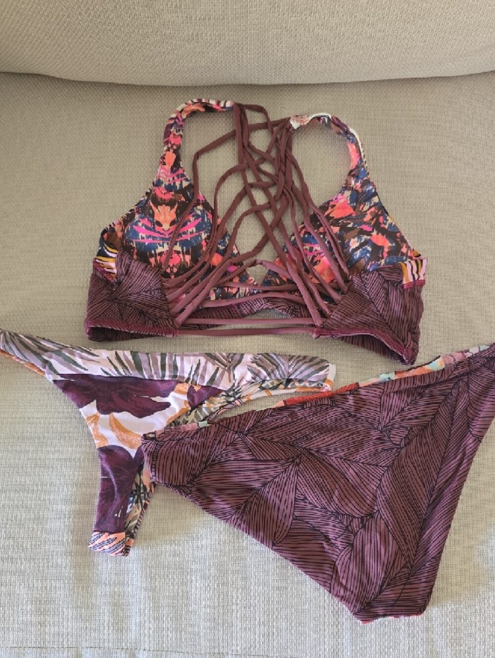 Maaji Floral Lace-Up Bikini Set in Burgundy, Coral & Mint - Picture 2 of 8